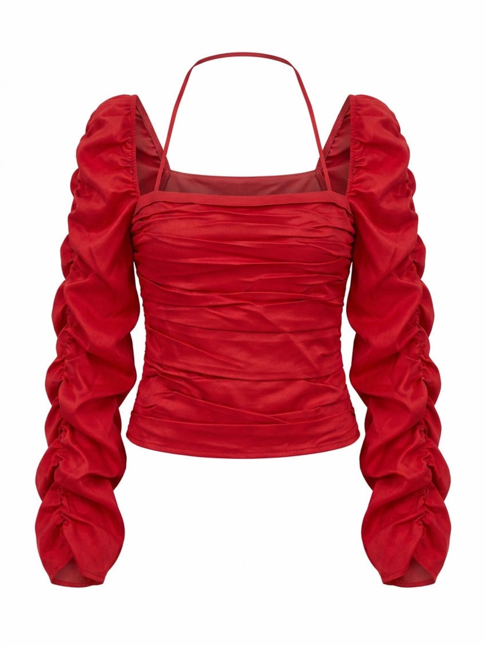 Reformation Red Ruched Square-Neck Long-Sleeve Top